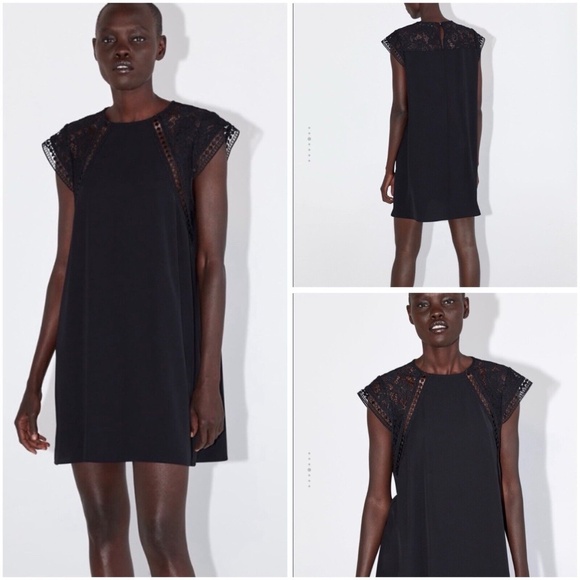 Zara Dresses & Skirts - Zara Short Black Dress with Guipure Detailing Short Sleeve Size M NWT 4387/223